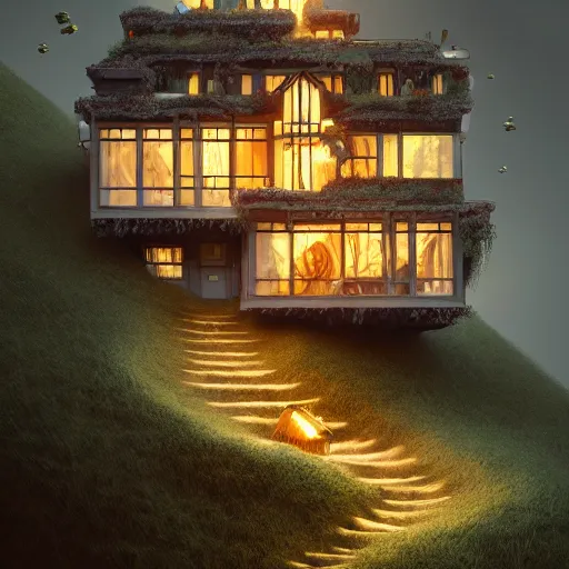 Image similar to small hillside house made of honey and milk, modern lighting, hyper - realistic, hyper - detailed, 8 k, octane rendered, art nouveau, organic, flowing, impossible torsion, writhing, dusk, lush, dynamic, in the style of ross tran