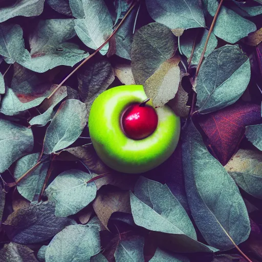 Prompt: An apple laying in the leaves in a forest, octane render, volumetric lighting, depth of field, ambient occlusion, photorealistic, 4K