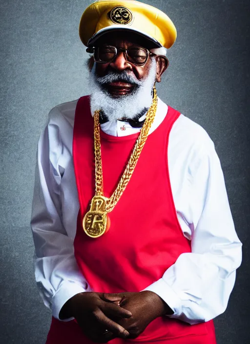 Image similar to dslr portrait still of colonel harland david sanders as a rapper with gold chains and gold teeth and a baseball cap that says kfc, 8 k, 8 5 mm, f 1. 8