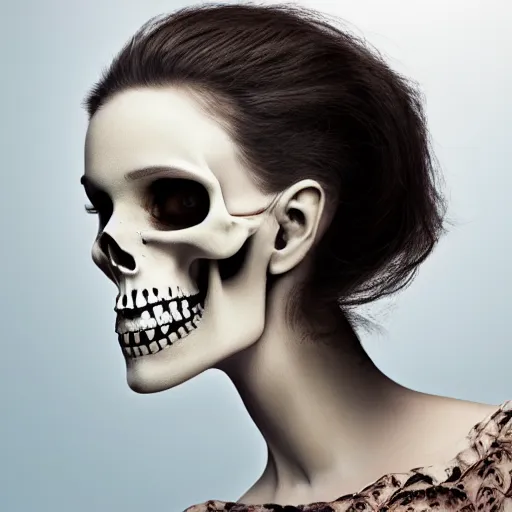 Prompt: beautiful woman with a skull for a head, wearing a dress, photorealistic, award winning, 8k,