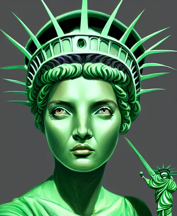 Image similar to cute woman dressed as statue of liberty, perfect face, symmetrical eyes, green skin, cinematic, stunning, elegant, highly detailed, psychedelic, digital painting, artstation, smooth, hard focus, illustration, art by jessica rossier and and brian froud