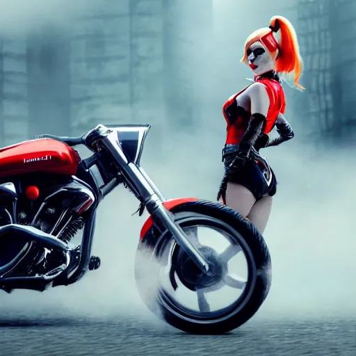 Image similar to Lady Gaga as real-life Harley Quinn riding a motorcycle, cinematic, Low angle, atmospheric fog and lighting, directed by Michael Bay, high detail, 8K, movie still, trending on artstation