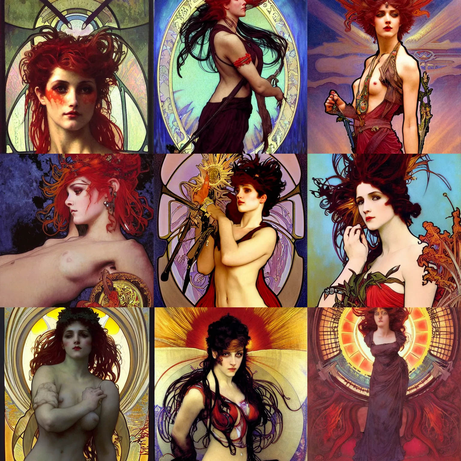 Prompt: stunning, breathtaking, awe-inspiring award-winning concept art nouveau painting of attractive punk with extremely short hair dyed bright red and messy eyeshadow as the goddess of the sun, with anxious, piercing eyes, by Alphonse Mucha, Michael Whelan, William Adolphe Bouguereau, John Williams Waterhouse, and Donato Giancola, cyberpunk, extremely moody lighting, glowing light and shadow, atmospheric, cinematic, 8K