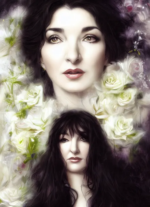 Prompt: portrait of kate bush against a velvet background, lush black hair, pale skin, white roses, flowing material, intricate, beautiful cinematic lighting, stunning painting by artgerm, caravaggio, android jones, wadim kashin