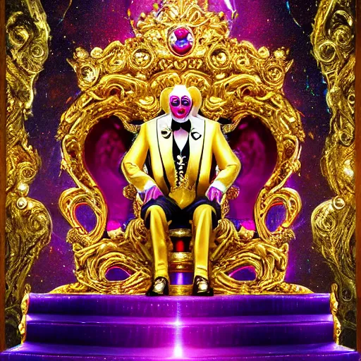 Image similar to shining giant throne made of millions of diamonds, gold and sapphires with thousands of light reflections, and a clown on a tuxedo suit is sitting on the throne while handing an earth model, dramatic light, digital painting, ultradetailed, artstation, oil painting