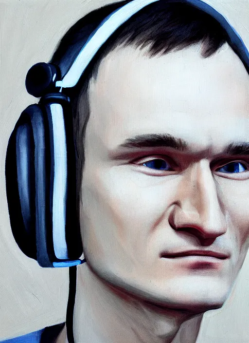 Image similar to vitalik buterin in headphones. vitalik buterin, close up, perfect symmetric face, coherent eyes, cute happy face, fine details., 4 k, hans zatska, oil paint