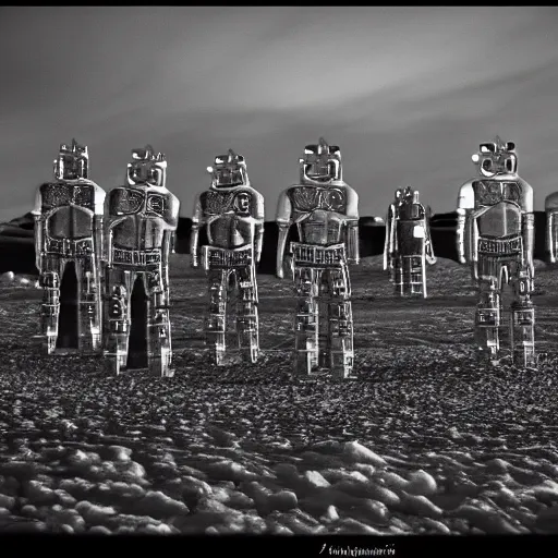 Prompt: cybermen in antarctica, creepy, black and white, 8mm