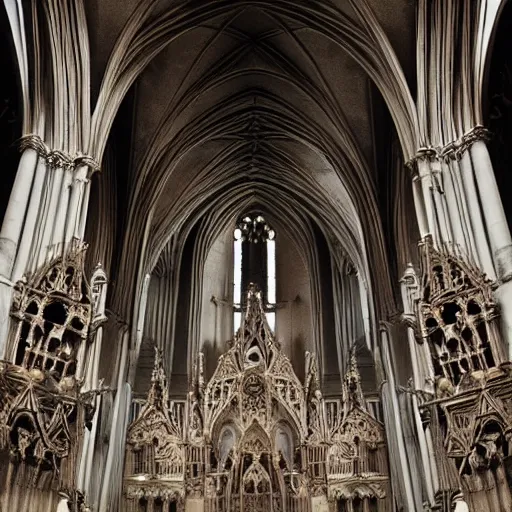 Image similar to A cathedral made out of skulls. Dream like, muted colors, dark, dreary.
