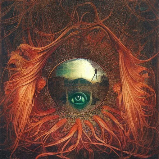 Prompt: an oil painting by botticelli, by arcimboldo, by yoshitaka amano, by beksinski seen through a kaleidoscope, detailed, high resolution