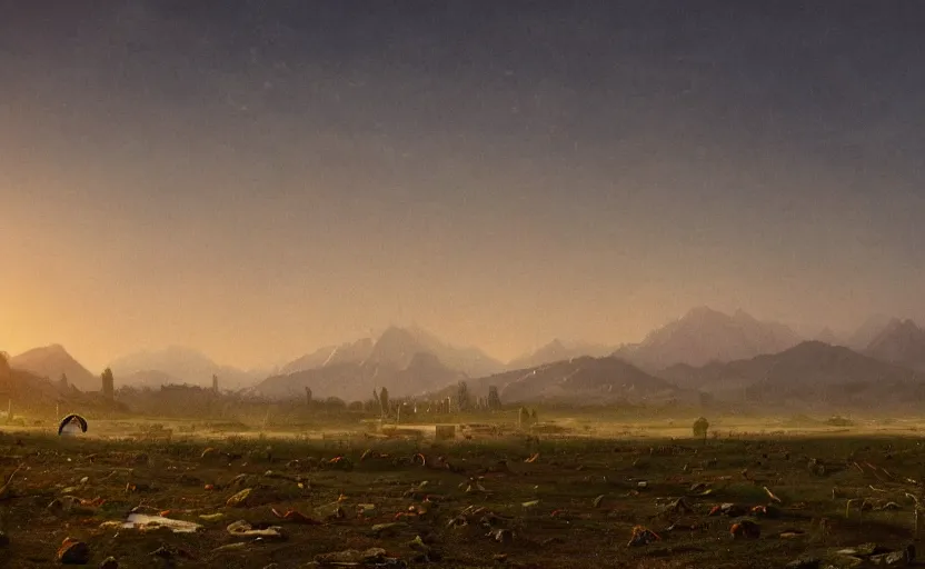 Image similar to modern airport in a field, close up shot, rocky, at dusk, distant mountains, 4k, rule of thirds, extreme detail, hazy, intricate ink illustration, surreal, surrealist, trending on artstation, cgsociety, hd, calm, complimentary colours, realistic lighting, by Albert Bierstadt, Frederic Edwin Church.