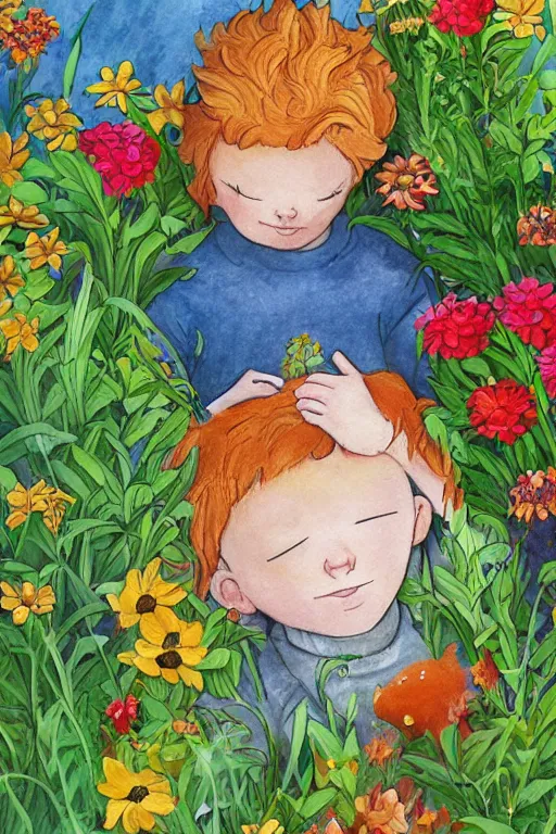 Prompt: a little boy with ginger hair curled up asleep in a lovely garden of flowers. clean elegant pretty cartoon painting, beautiful detailed face, storybook illustration.