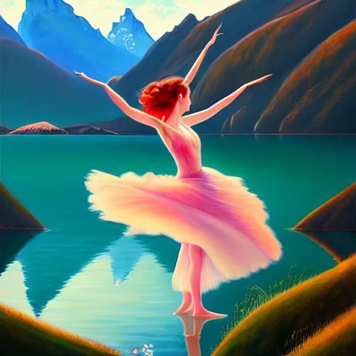 Image similar to a painting of a young woman dancing in front of a beautiful lake in switzerland, mountains on the background, high quality oil painting artstyle, feminine, delicate, hyperdetailed, in the style of anna dittmann, deviantart, figurative art, deviantart, ilya kuvshinov, lovecraftian