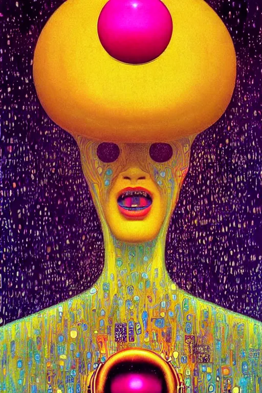 Prompt: 8 0 s art deco close up portait of mushroom head with big mouth surrounded by spheres, rain like a dream oil painting curvalinear clothing cinematic dramatic cyberpunk fluid lines otherworldly vaporwave interesting details epic composition by basquiat artgerm rutkowski moebius francis bacon gustav klimt