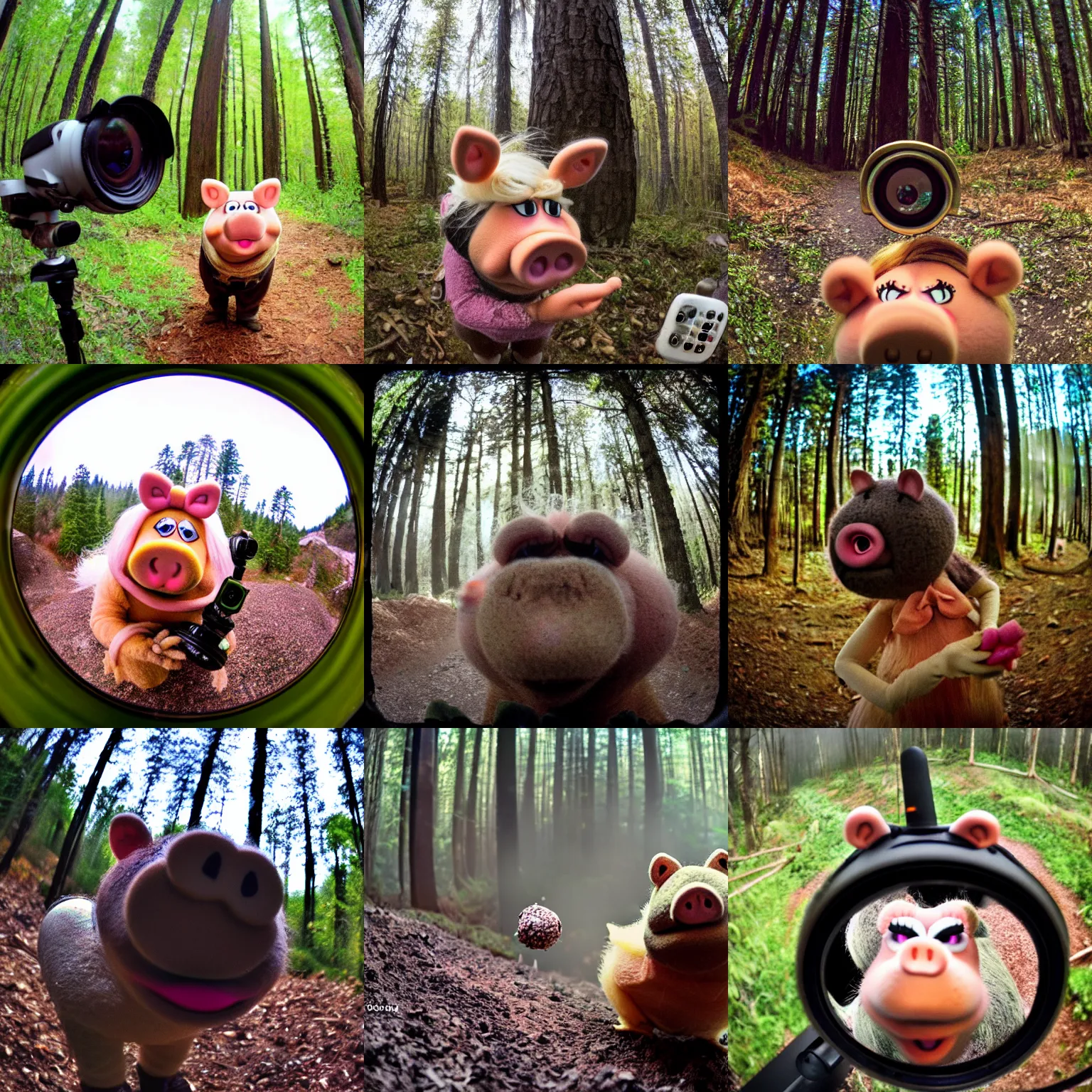 Prompt: miss piggy with truffles, trailcam footage, lofi, closeup, fisheye lens, forest haze