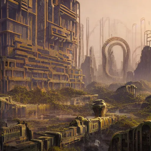 Image similar to the tarnished discovers the ruins of an artdeco city in the lands between, matte painting, detailed, elden ring, oil on canvas, by beeple