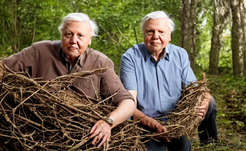 Prompt: david attenborough finds a fat cat in a big nest, shorthair, lots of eggs. national geographic, strange, photorealistic