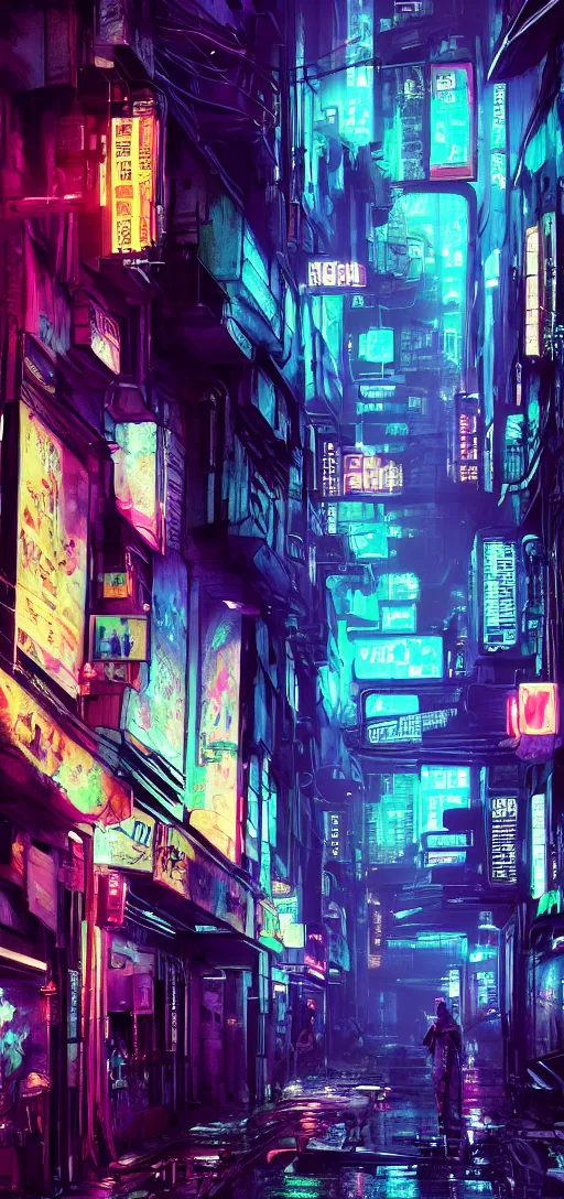 Image similar to street view of a cyberpunk alley, in the style of Blade Runner, rainy weather, neon lighting, vaporwave, retro wave, synthwave, highly detailed, digital painting, concept art, illustration, artstation, Roger Deakin's cinematography, Liam Wong, photo-realistic, 8k