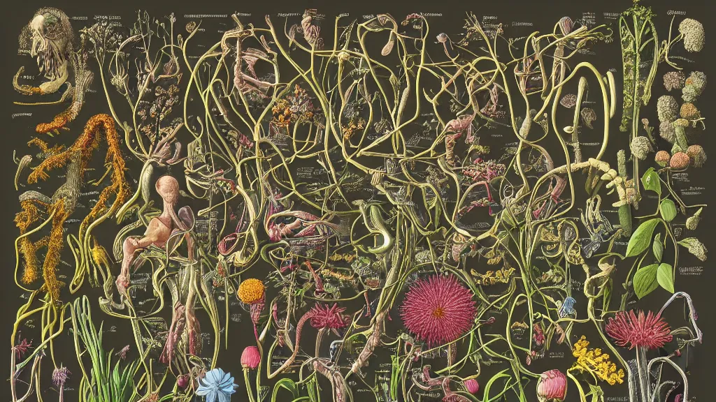 Image similar to highly detailed illustration human anatomy with all the known species of plants and flowers by juan gatti, by moebius!, by oliver vernon