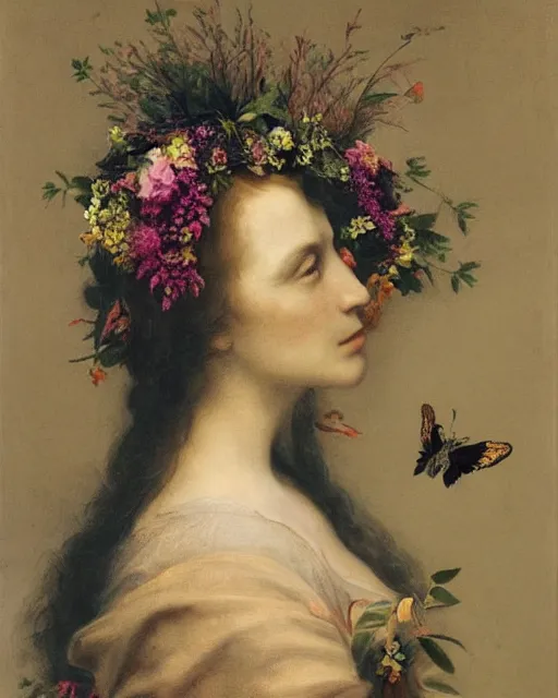 Prompt: A woman's face in profile, long hair, made of flowers and butterfly, in the style of the Dutch masters and Gregory Crrewdson, dark and moody