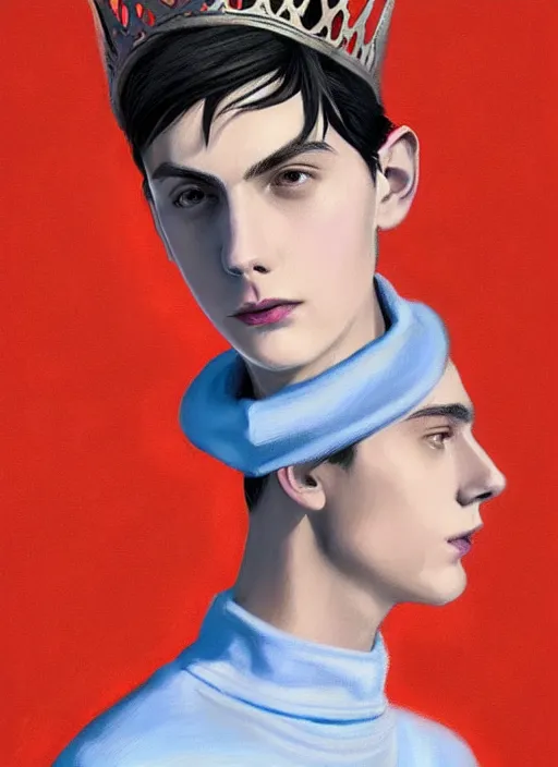 Image similar to portrait of teenage jughead jones wearing a light grey crown, crown, blue turtleneck, 1 9 5 0 s, closed eyes, photorealistic, black hair, glowing lighting, intricate, elegant, glowing lights, highly detailed, digital painting, artstation, concept art, smooth, sharp focus, illustration, art by wlop, mars ravelo and greg rutkowski