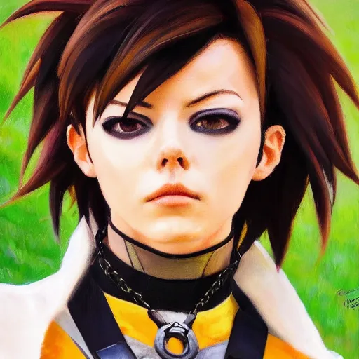 Image similar to oil painting of tracer overwatch in a field wearing spiked collar around neck, in style of steve henderson, wearing black choker, expressive face, detailed face, detailed eyes, full body, feminine face, tracer overwatch,