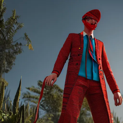 Image similar to a man festival outfit designed by prada, bold, colorful, mid view, very detailed render, very realistic render, elegant render, rendered in unreal engine and cryengine