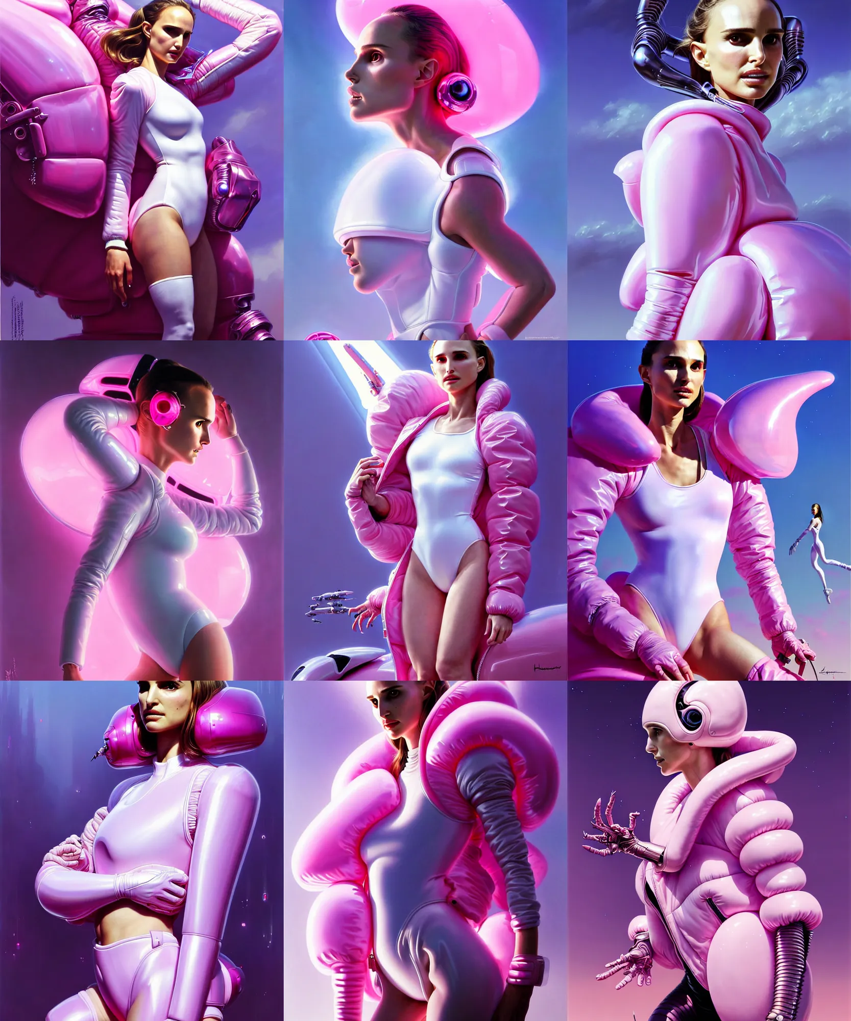Prompt: beautiful fantasy character portrait, natalie portman, wearing oversized plastic puffy pink bomber jacket and white leotard, very seductive pose, ultra realistic, wide angle, dramatic lighting, futuristic vehicle, alien creatures, cyberpunk artifacts, highly detailed by hajime sorayama, peter mohrbacher, boris vallejo, aaron horkey,