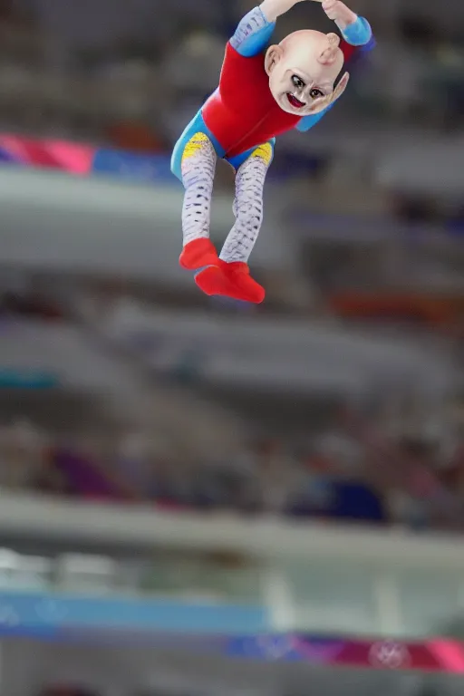 Prompt: screaming chucky doll performing high dive at olympics