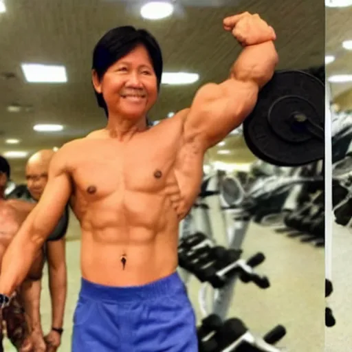 Image similar to bongbong marcos as gigachad flexing at the gym, muscular, on steroids,