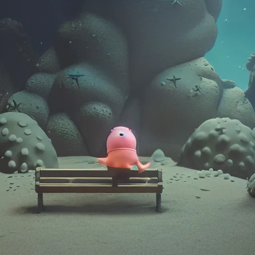 Prompt: patrick star with a sad!!! expression slouching on a bench in the bikini bottom, global illumination!!! dim lighting, midnight, cinematic, extremely detailed, beautiful, stunning composition, beautiful light rays, trending on artstation