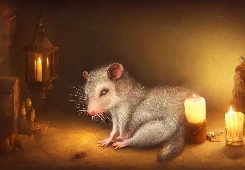 Image similar to cute possum sleeping on a bed in a medieval cluttered cottage at night under the dim light of a candle, dark fantasy, dreaming illusion, trending on artstation