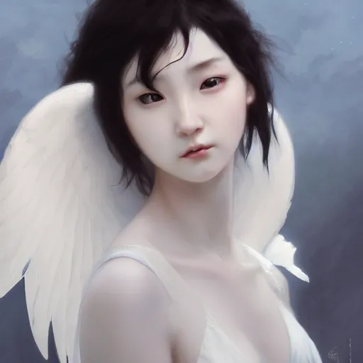 Image similar to Beautiful pale angelic goth korean girl with angel wings, masterpiece 4k digital illustration by Ruan Jia and Mandy Jurgens and Artgerm and william-adolphe bouguereau, highly detailed, trending on artstation, award winning,