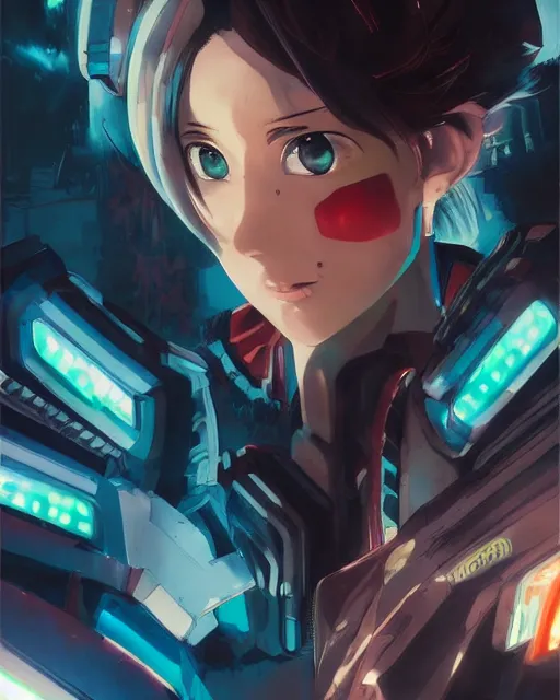 Image similar to portrait of anime girl in mechanic armor in night tokyo by makoto sinkai, my hero academia,cyberpunk, greg rutkowski, perfect face, fine details