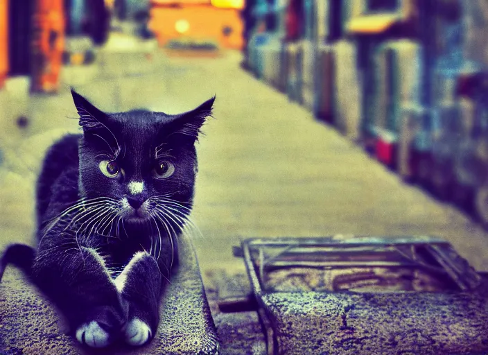 Image similar to photography of a Cat sitting on a box. in a cyberpunk street, award winning photo, saturated, colored, colors, 100mm, sharp, high res