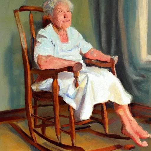 Image similar to painting in the zandinsky style of a grandmother sitting in a rocking chair, surrounded by her grandchildren, while she tells them a story, hiperrealism, artstation