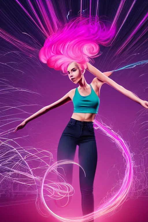 Image similar to a award winning half body portrait of a beautiful woman in a croptop and cargo pants with ombre purple pink teal hairstyle with head in motion and hair flying, surrounded by whirling illuminated lines, outrun, vaporware, shaded flat illustration, digital art, trending on artstation, highly detailed, fine detail, intricate