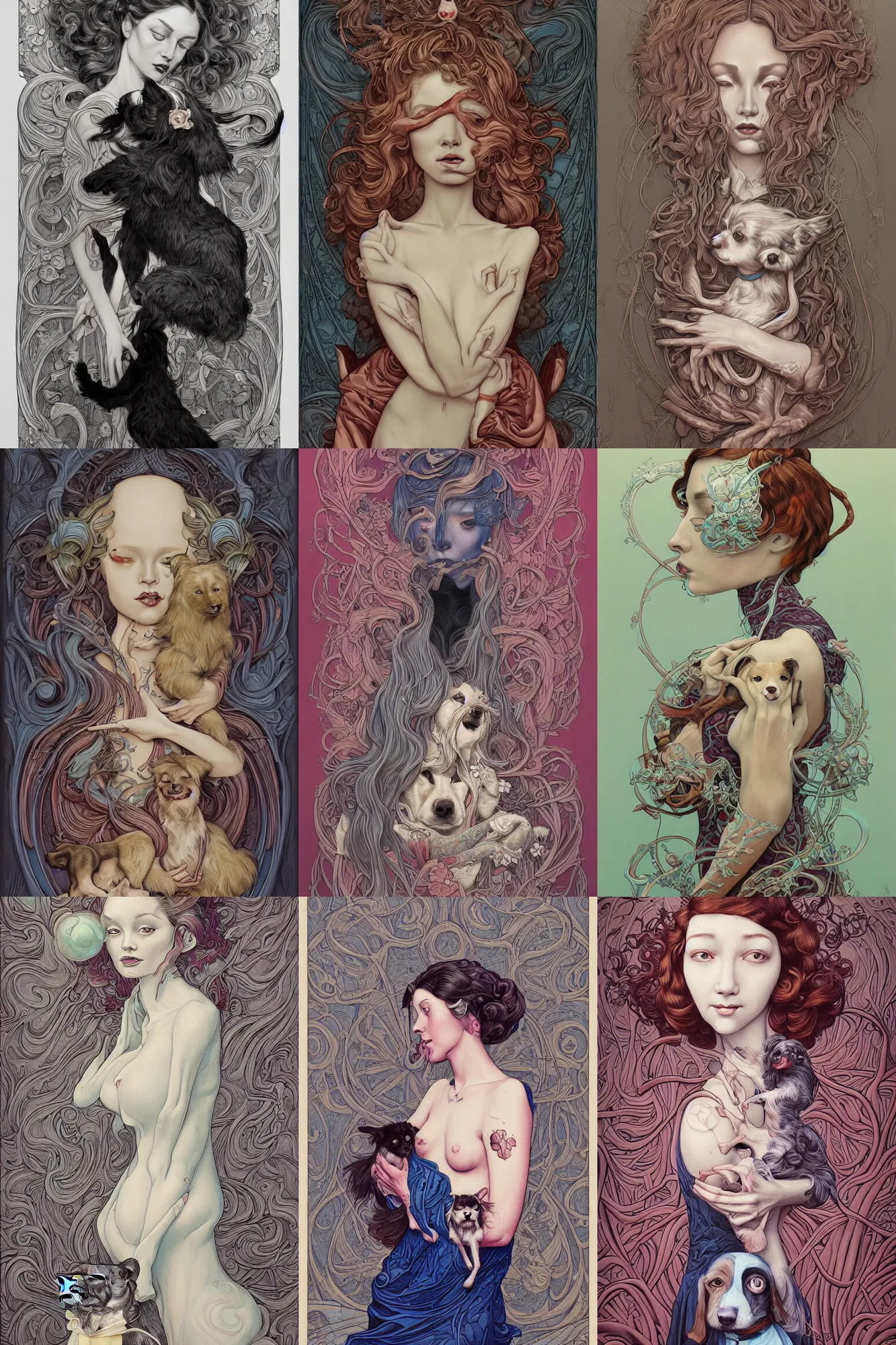 Prompt: a painting of a woman with a dog, an ultrafine detailed painting by james jean, deviantart, art nouveau, detailed painting, airbrush art, storybook illustration, pop surrealism, biomorphic, chromatic, grotesque