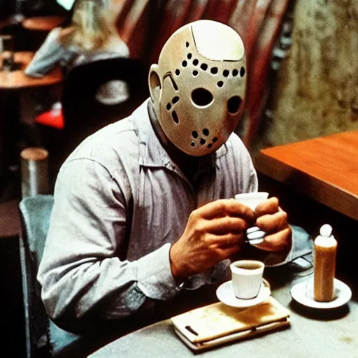 Image similar to photograph of jason voorhees having a coffee at an european caffé