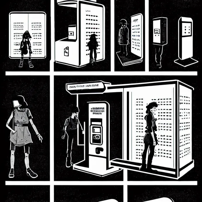 Image similar to sadie sink as a miner in a minimalist old - fashioned automated kiosk / vending machine with options to choose from. storyboard, scifi cyberpunk. by gabriel hardman, joe alves, chris bonura. cinematic atmosphere, detailed and intricate, perfect anatomy