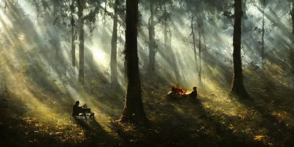 Image similar to A Craig Mullins oil painting of a hauntingly beautiful forest in the morning; a-weary-traveler-is-sitting-next-to-a-small-campfire; rays of light coming through the canopy; trending on artstation; extraordinary masterpiece!!!!!!; 8k