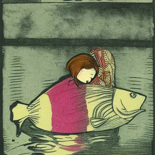 Image similar to the same style. the most beautiful little fat sweet girl is kissing a huge colorful cute fish. modern etching. colored print. hype realistic scene.