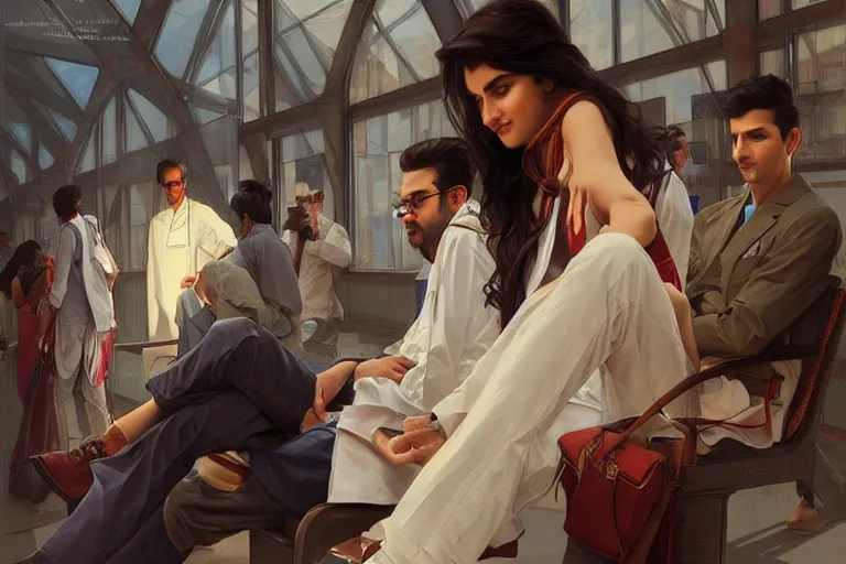 Image similar to Anxious good looking pale young Indian doctors wearing American clothes at the airport, portrait, elegant, intricate, digital painting, artstation, concept art, smooth, sharp focus, illustration, art by artgerm and greg rutkowski and alphonse mucha