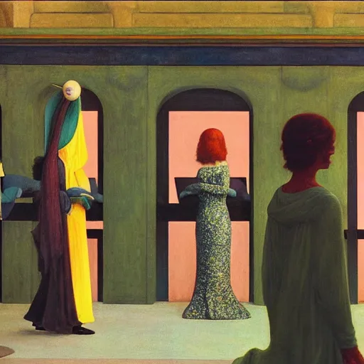 Image similar to a procession of women in a giant metaphysical temple, hyperrealistic film still by edward hopper, by gottfried helnwein, by klimt, by paolo uccello, art nouveau, highly detailed, strong lights, liminal, eerie, metaphysical, bright pastel colors,