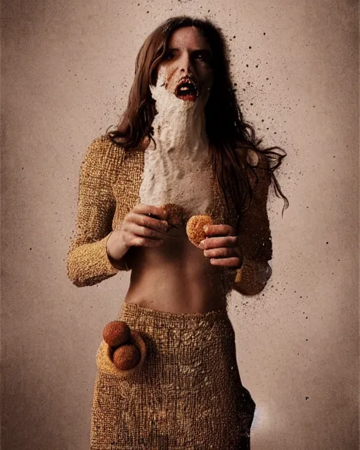 Image similar to hila klein, wearing an oufit made from cereal with milk, weird expressionist pose, modern fashion, half body shot, photo by greg rutkowski, female beauty, f / 2 0, symmetrical face, warm colors, depth of field