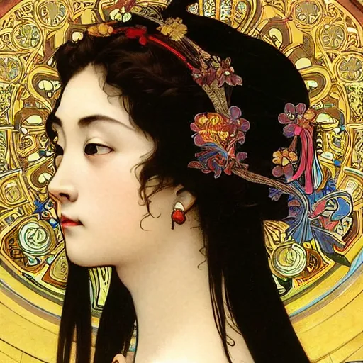 Prompt: realistic detailed profile portrait of a beautiful young geisha by Alphonse Mucha, Greg Hildebrandt, and Mark Brooks, gilded details, spirals, Neo-Gothic, gothic, Art Nouveau, ornate medieval religious icon