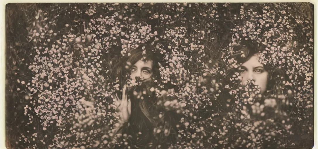 Image similar to portrait of a beautiful woman covered in flowers, Forest, ray gods, 1910 polaroid photography