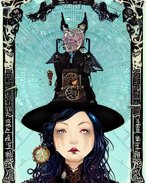 Image similar to a detailed portrait illustration of a steampunk witch - gunslinger. beautiful obese black female face. blue asian eyes. goth chinese aesthetic. art nouveau, pop art, comic book style. influenced by neil gaiman, h. p. lovecraft, dan mumford, android jones, tim burton, killian eng, ross tran, mao hamaguchi.