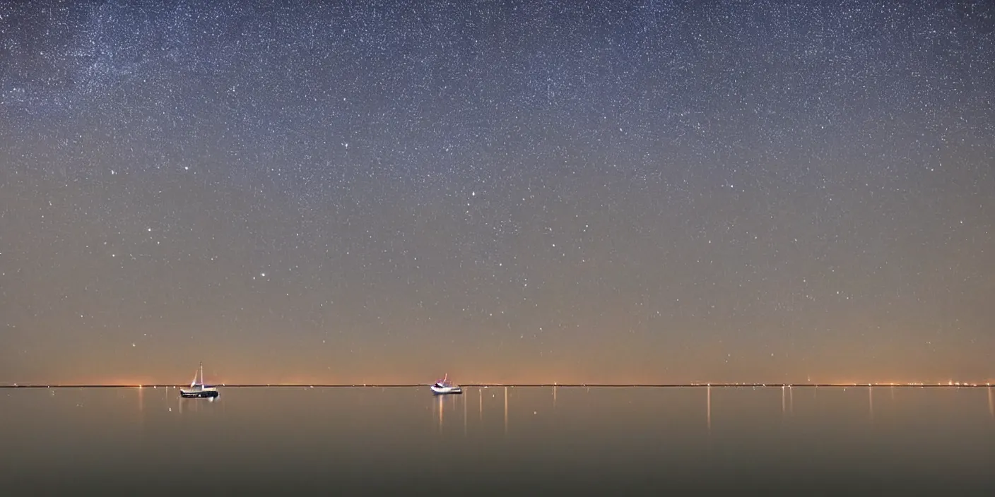 Image similar to lone yatch on a peaceful sea at night full of stars night clear waters light clouds skies milky way