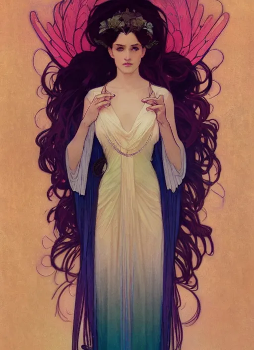 Image similar to ombre velvet gown, alphonse mucha, beautiful elegant woman with glowing wings, portrait, neon outline, long hair, tiara, dozens of jeweled necklaces, by greg rutkowski, brom, anato finnstark