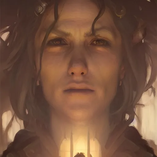 Prompt: closeup portrait of an artificer, dungeons and dragons character, dramatic lighting, castle background, gorgeous view, realistic, high detail, digital art, painted by greg rutkowski, painted by jeremy mann, painted by alphonse mucha, trending on artstation